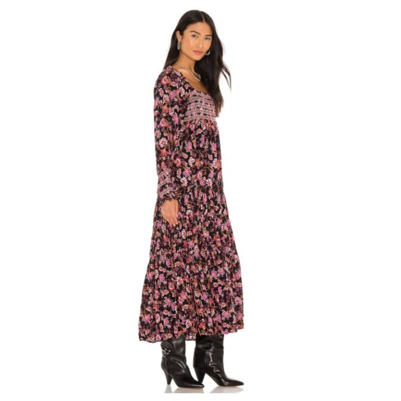 Free People Sweet Escape Square Neck Long Puff Sleeve Floral Maxi Dress Black - Picture 2 of 8